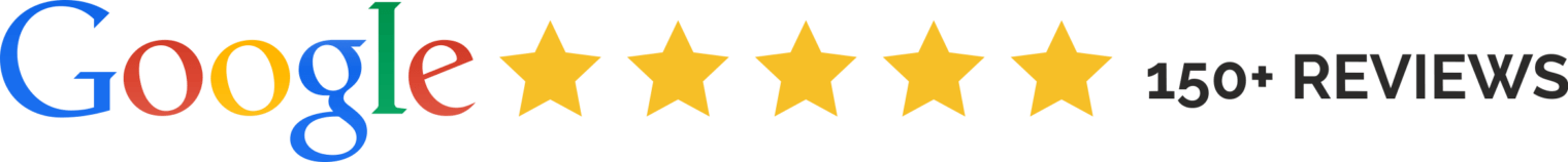 Google logo with five gold stars and text reading "150+ REVIEWS" in black.