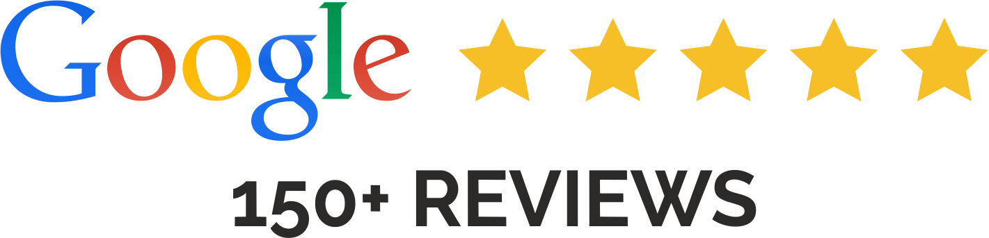 Google logo with five gold stars and "150+ reviews" written below.