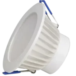 White, round recessed LED downlight fixture with heat sink fins and blue mounting brackets.