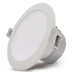 White LED recessed ceiling light with a circular trim and built-in spring clips for mounting.