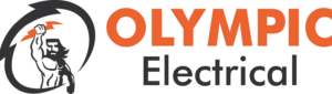 Olympic Electrical logo with an orange and black design featuring a muscular figure holding lightning bolts.