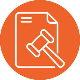 Icon of a gavel and document on an orange circle background, symbolizing legal documentation or judicial processes.