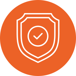 Shield icon with a checkmark inside, outlined in white on an orange circular background.