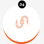 Outlined icon of two connected broken cables with an electric spark in the center, labeled "04" in a black circle above.