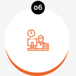 Icon of a person at a desk with a clock and computer, labeled with the number 6 in a black circle above.
