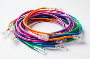 Multicolored ethernet cables coiled in a circle on a white background.