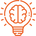 Orange icon of a light bulb with a brain inside, representing innovative thinking and ideas.