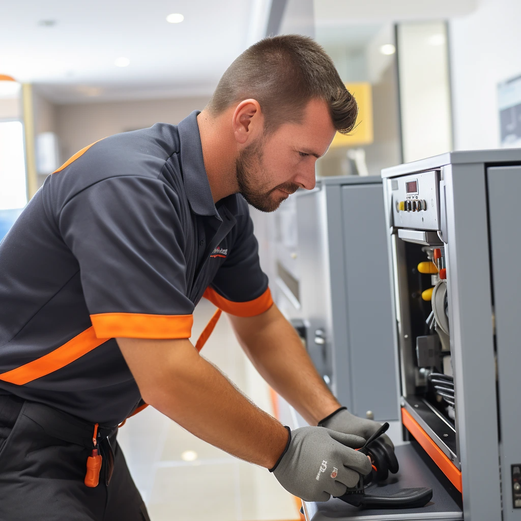 Technician in a grey uniform with orange details, working on industrial equipment in a well-lit room.