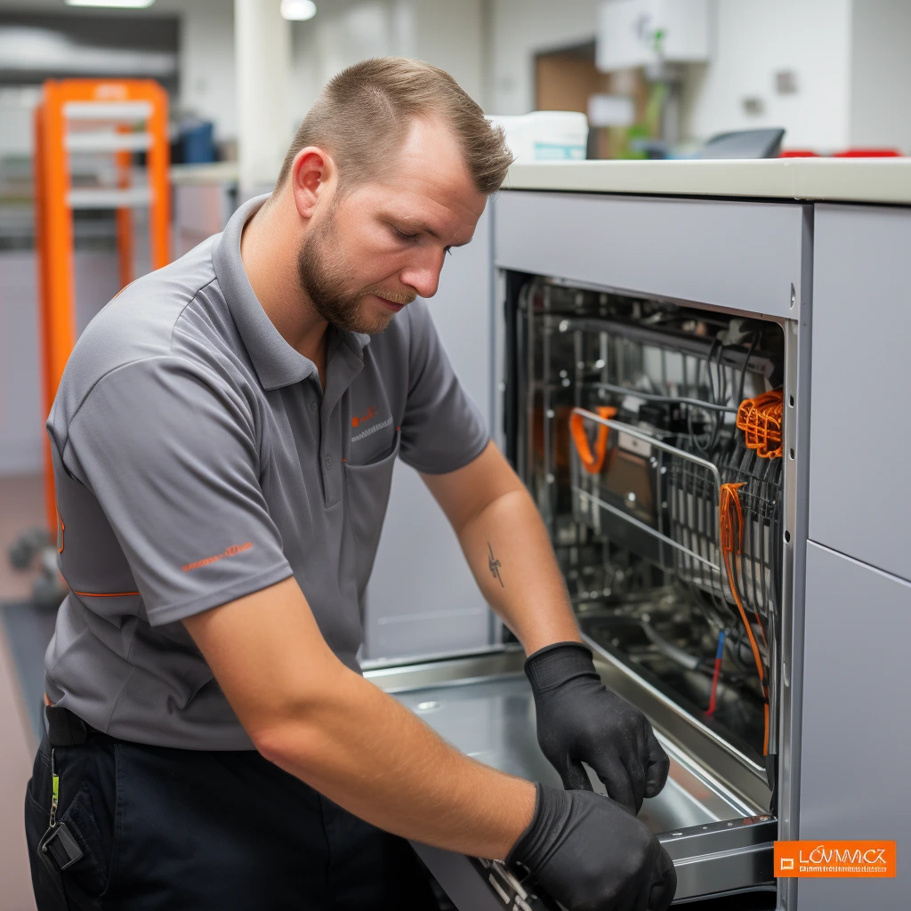Technician in a grey polo shirt and black gloves repairs a commercial dishwasher in an industrial setting.