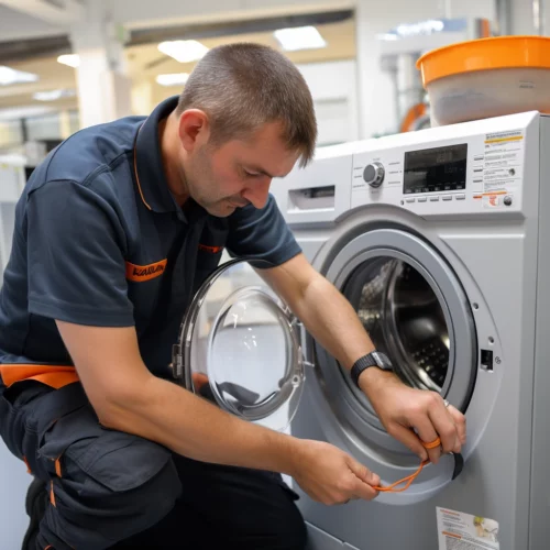 Technician repairing a front-loading washing machine in a modern appliance store.