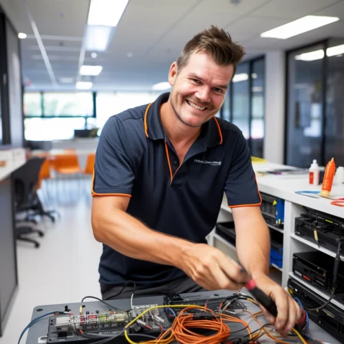 Smiling technician in a navy shirt works on a wiring project in a modern, well-lit office environment.