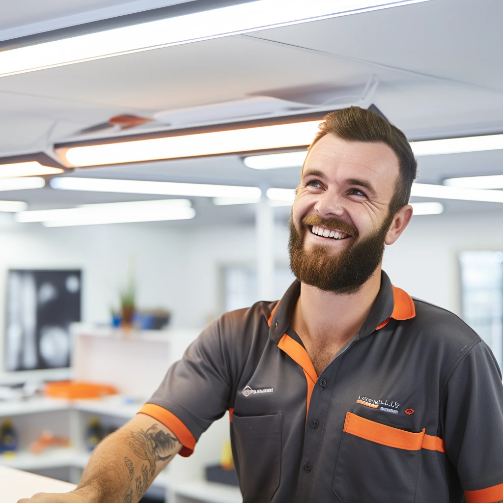 Smiling man with a beard wearing a gray and orange collared shirt standing in a brightly lit office.