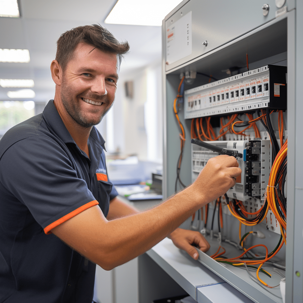Smiling technician working on an electrical panel with multiple wires and circuit breakers in a well-lit room.