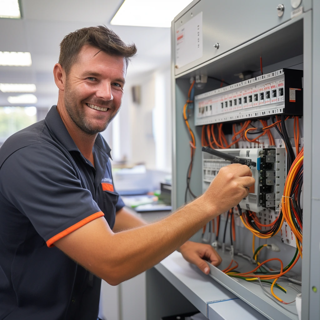 Smiling technician working on an electrical panel with multiple wires inside a well-lit office environment.