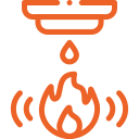 Orange fire alarm icon with a fire, sound waves, and a drop of water, indicating a fire detection and response system.