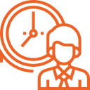 Orange icon of a person in a suit with a clock behind them, representing time management or scheduling.