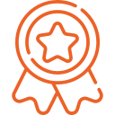Orange award ribbon icon with a star in the center.