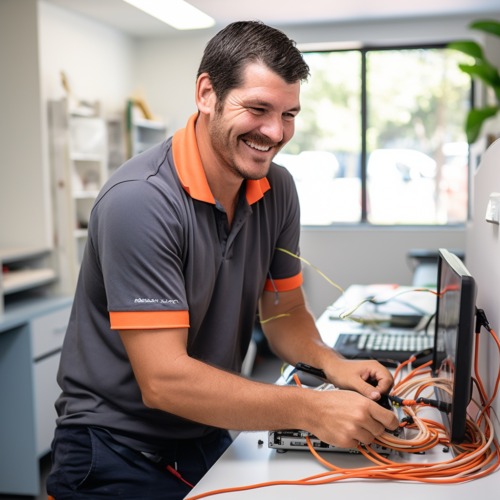 A technician in a gray and orange polo shirt works on a computer with multiple cables in an office, smiling.