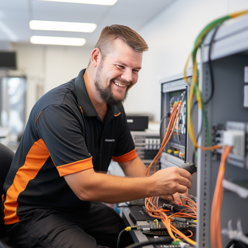 A smiling technician in a black and orange shirt works on wiring in a server room, surrounded by colorful cables.