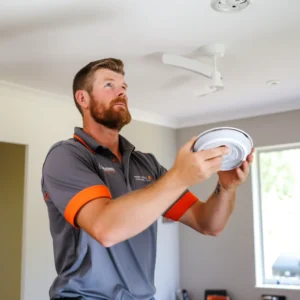 Man in a grey and orange uniform installing a ceiling light fixture in a bright room with a ceiling fan and window.