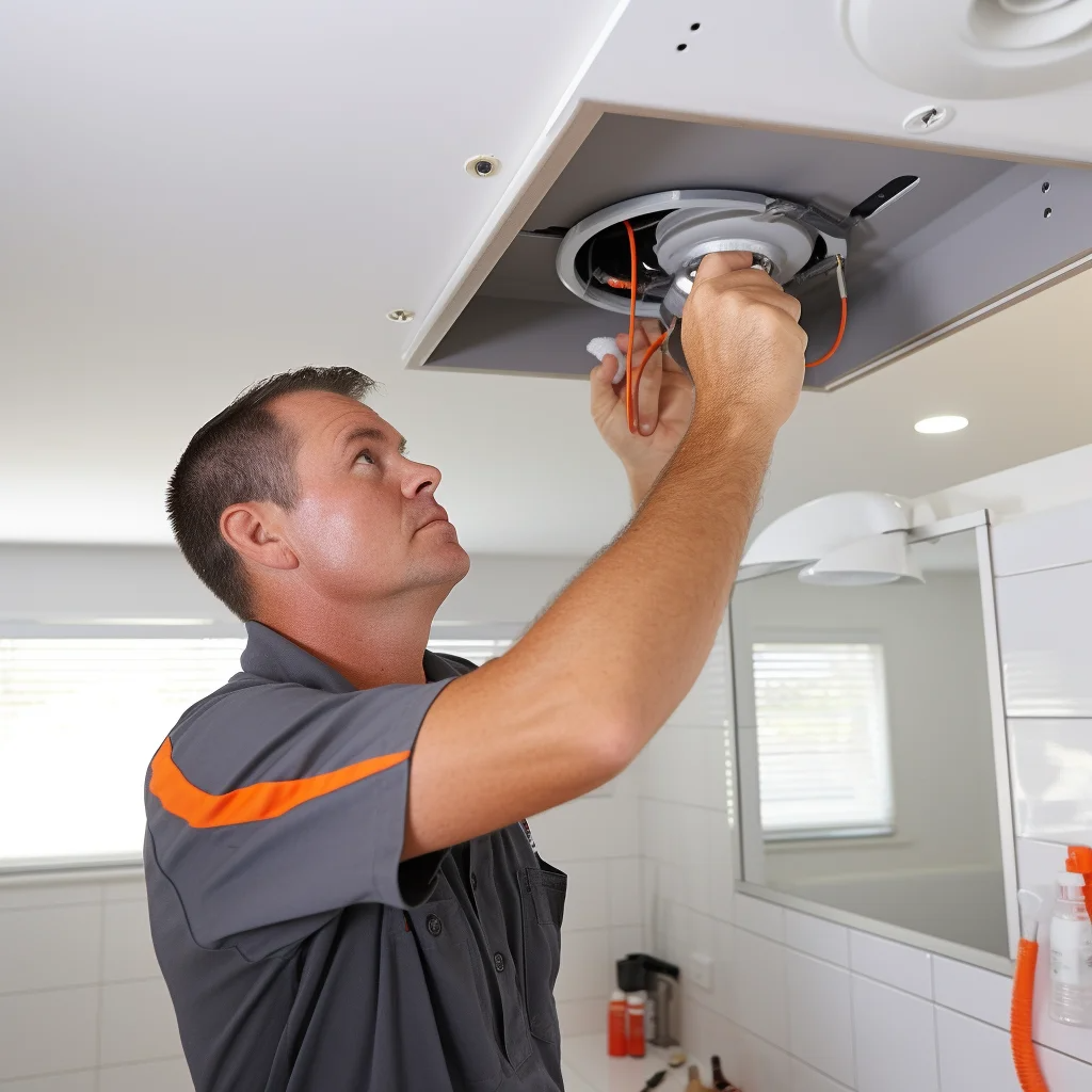 Electrician in gray and orange uniform installs or repairs a ceiling light fixture in a bright bathroom.