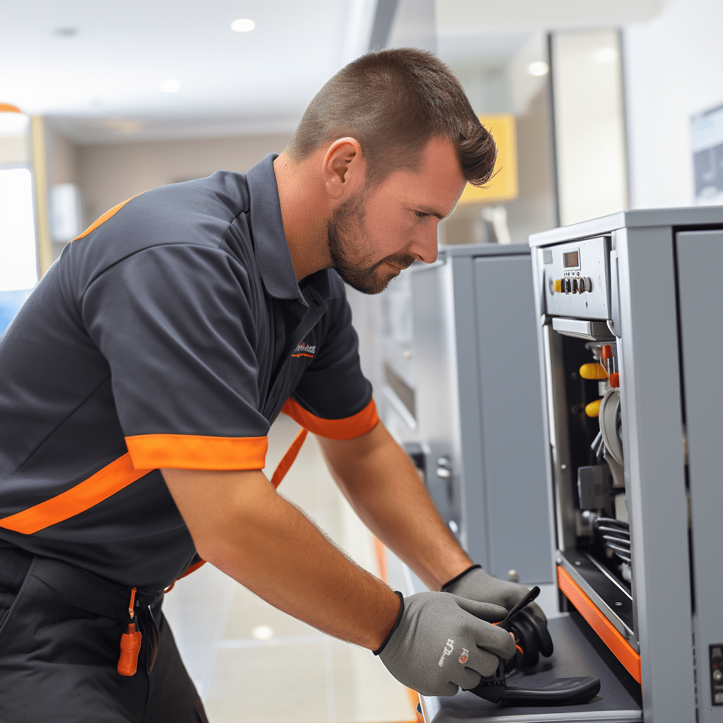 Technician in uniform and gloves servicing a vending machine in a bright, modern setting.