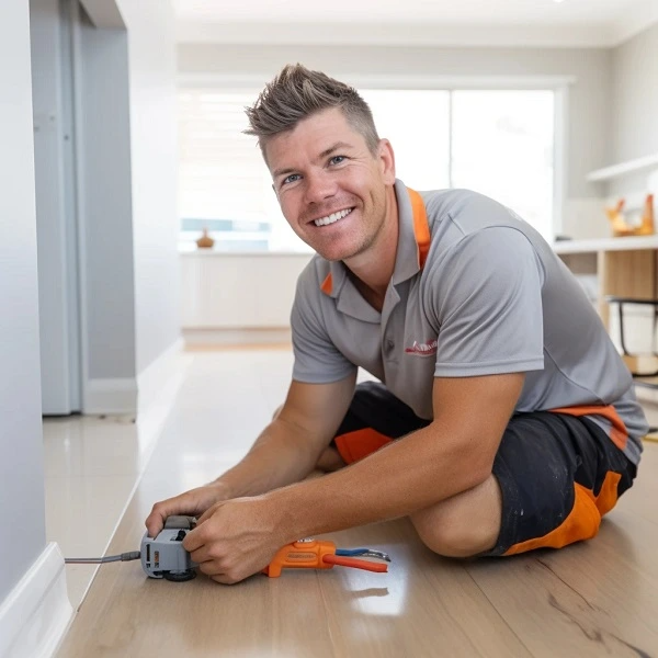 A smiling electrician in a grey shirt installs a floor outlet in a bright, modern room.