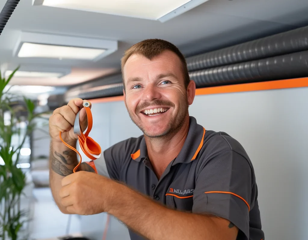 Smiling man in a gray and orange uniform holding orange tools inside a well-lit workspace with duct pipes in the background.
