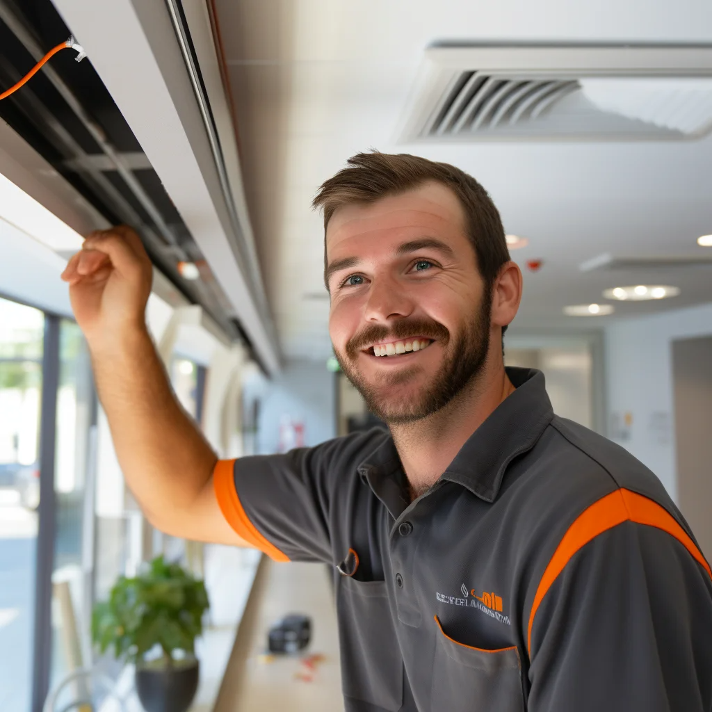 Smiling technician in uniform installs or repairs a ceiling cable in a modern, well-lit office space.