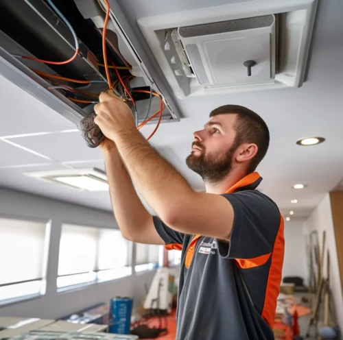 Technician working on wiring in a ceiling air conditioning unit, inspecting and connecting cables in a well-lit room.