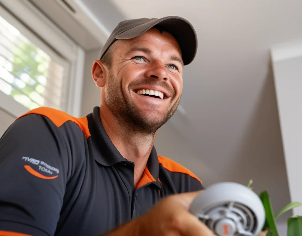 Smiling man in a cap and uniform with orange accents, holding a power tool indoors by a window.
