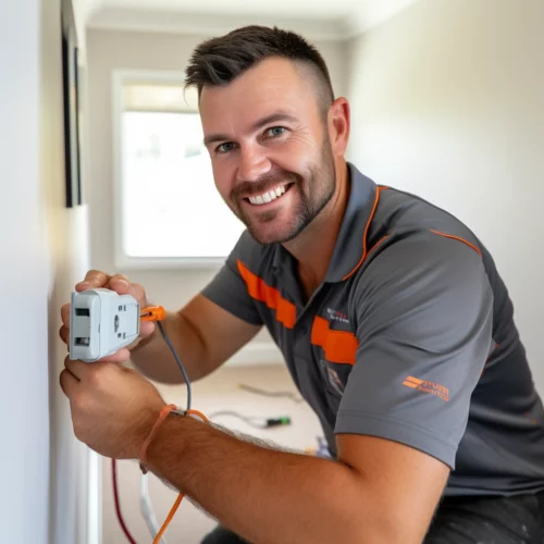 Electrician in a grey and orange uniform smiling while installing an electrical outlet in a bright room.