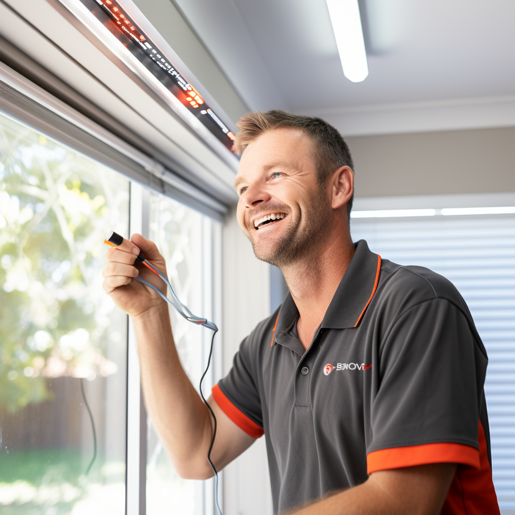 Man smiling while installing LED lights near a window, dressed in a gray and orange uniform in a brightly lit room.