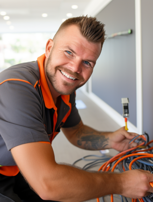 Smiling electrician in a uniform holding orange and gray cables, working on electrical wiring indoors.