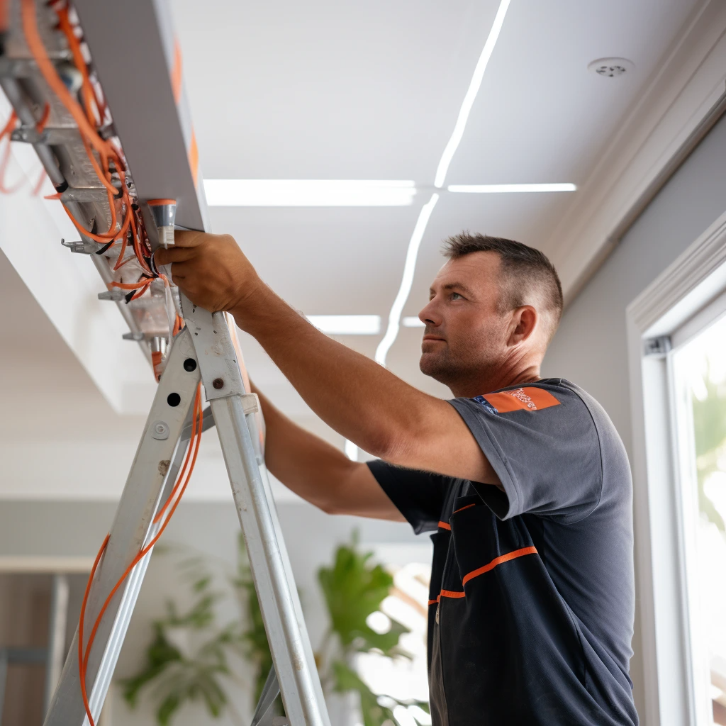 Man standing on a ladder, installing electrical wires in a ceiling, dressed in a blue work shirt inside a modern, well-lit room.