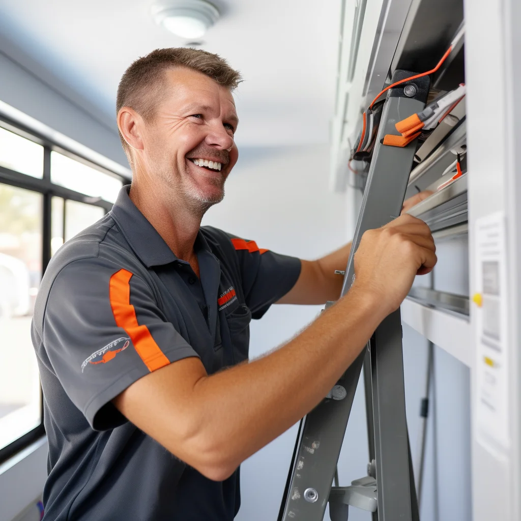 Electrician smiling while working on a Sydney switchboard upgrade. | Olympic Electrical