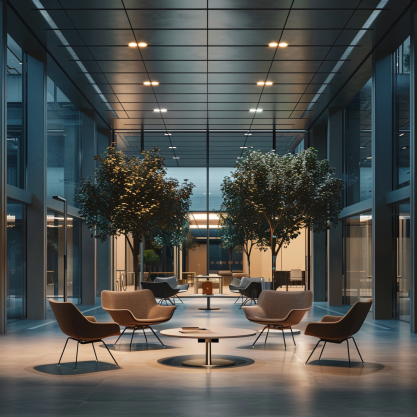 Modern office lobby with stylish seating, potted trees, and large windows, creating a sleek and inviting atmosphere.