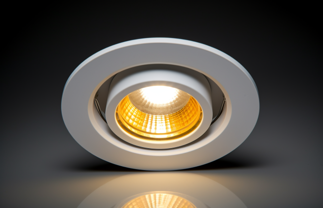 Recessed ceiling light with a glowing yellow bulb, set against a dark background, casting a soft reflection below.