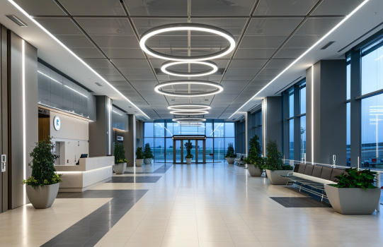 Modern corridor with circular ceiling lights, large windows, potted plants, benches, and a white reception desk on the left.