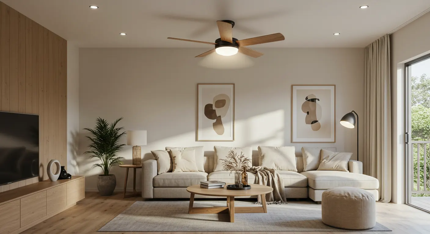 Repaired ceiling fan spinning in a well lit modern Sydney home