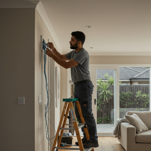 Technician on ladder installing data cables in sydney ,