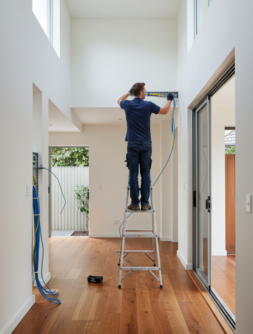 Technician on ladder installing data cables in sydney ,