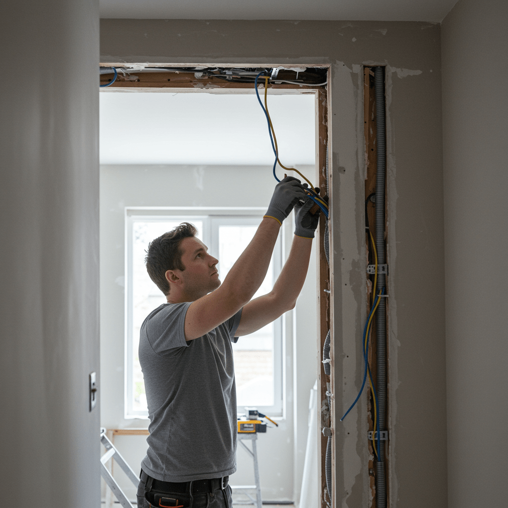 Electrician in a grey shirt with orange details installs orange and blue cables in a ceiling outlet.