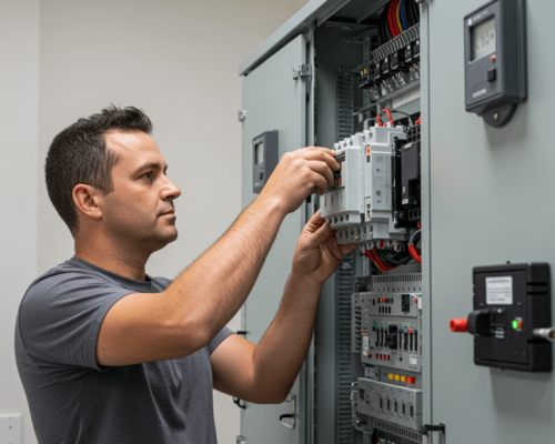 Smiling electrician doing switchboard repairs in Sydney