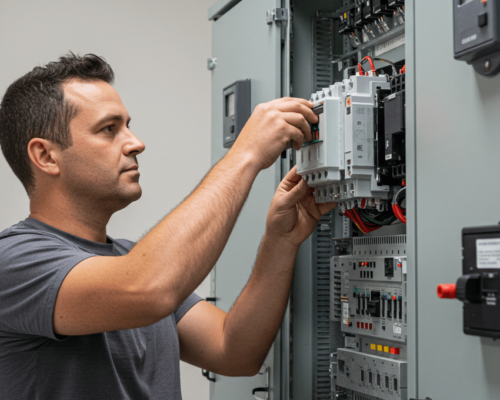 Smiling electrician doing switchboard repairs in Sydney