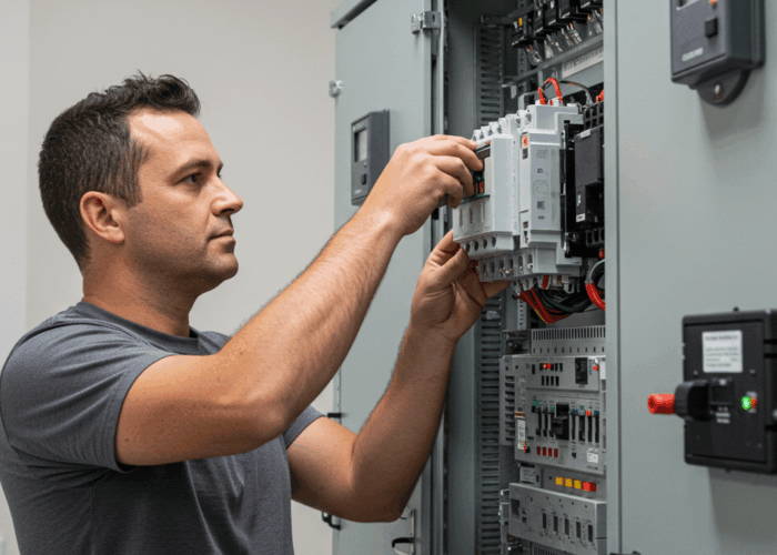 Image_fx (38) Smiling electrician doing switchboard repairs in Sydney