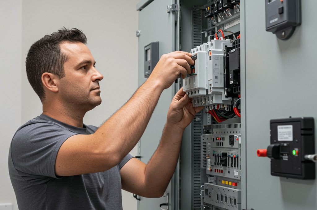 Smiling electrician doing switchboard repairs in Sydney
