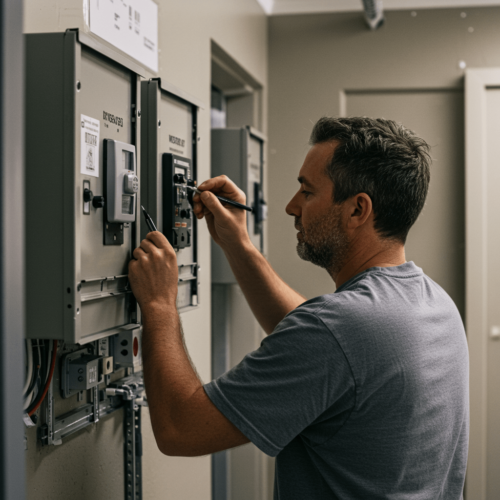 Smiling electrician doing switchboard repairs in Sydney