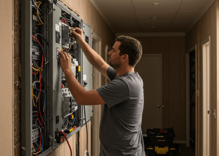Image_fx (44) Smiling electrician doing switchboard repairs in Sydney