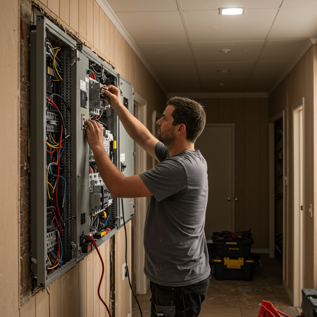 Smiling electrician doing switchboard repairs in Sydney
